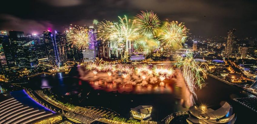 New year Fireworks on Marina Bay in Singapore on 31 December