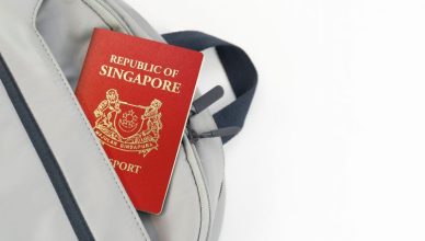 Singapore passport partially outside the bag