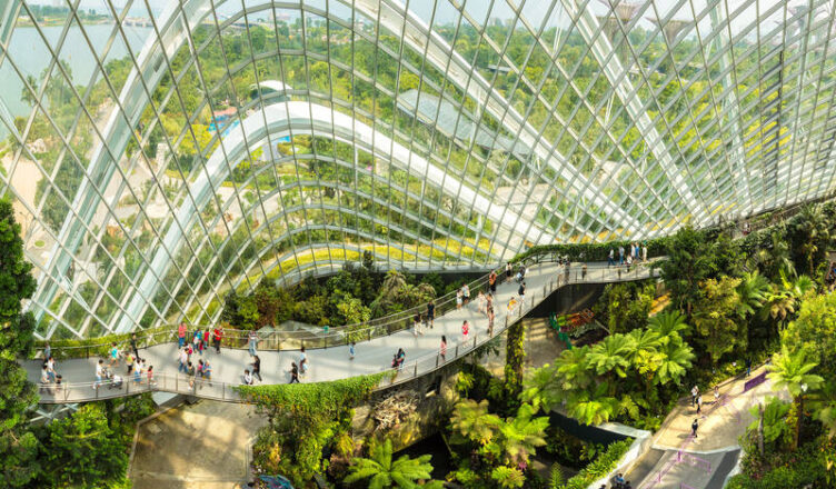 Cloud Forest at Gardens by the Bay in Singapore, featuring people exploring lush greenery, a tall indoor waterfall, and misty walkways