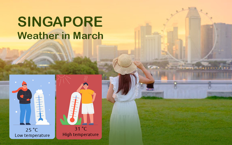 A girl enjoys Singapore's warm March weather, basking in sunshine with a breeze and occasional light showers.