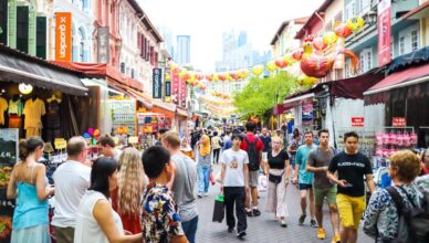 Chinatown in Singapore is a popular tourist spot with many shops and street food near Chinatown MRT station.