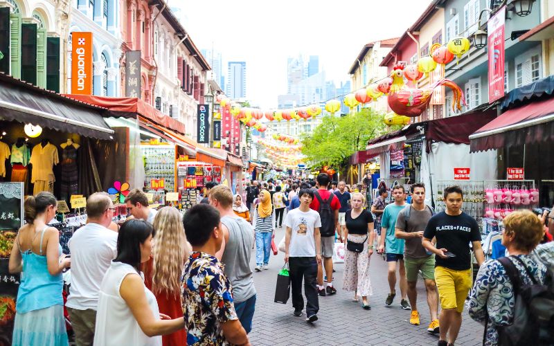 Chinatown in Singapore is a popular tourist spot with many shops and street food near Chinatown MRT station.