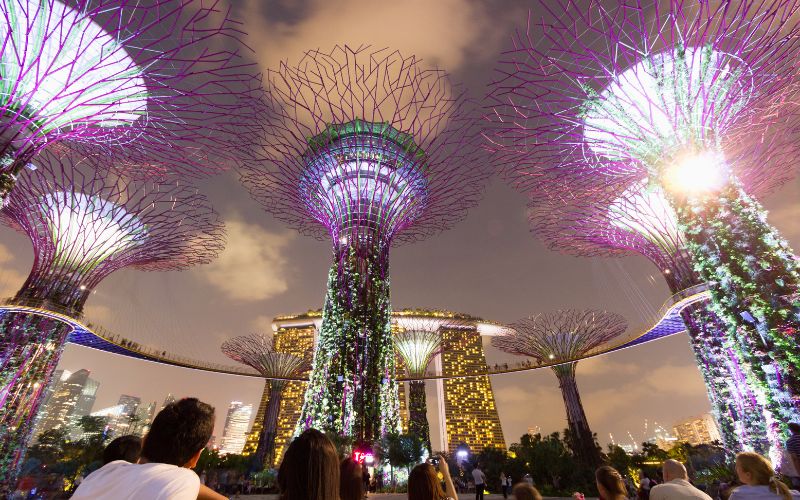 Beautiful night view of Supertree Grove at Gardens by the Bay in Singapore, glowing brightly in March.