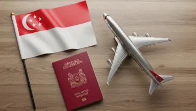 Singapore Passport and Flag, Airplane Toy on table