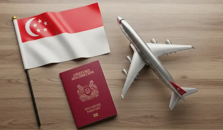 Singapore Passport and Flag, Airplane Toy on table