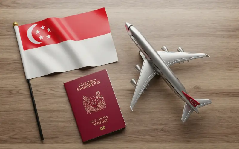 Singapore Passport and Flag, Airplane Toy on table