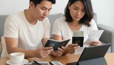 Couple checking passports and visa documents