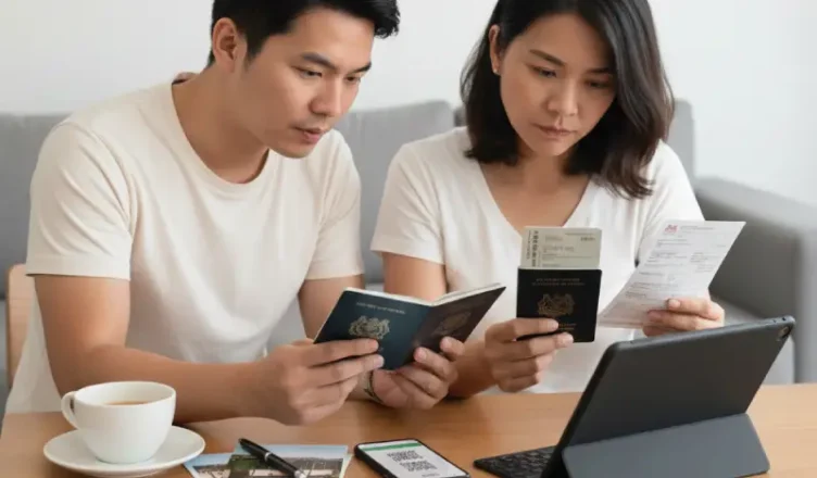 Couple checking passports and visa documents