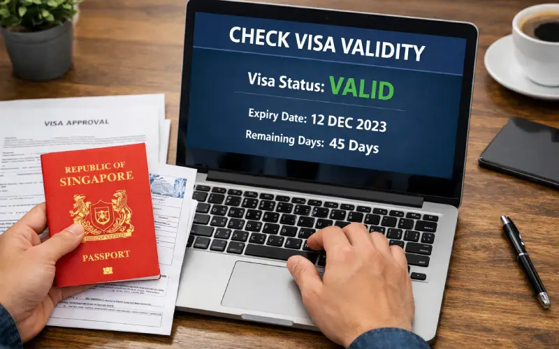 Person checking Singapore visa validity on laptop with passport