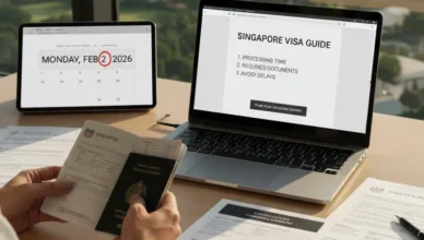 Checking Singapore visa processing time on laptop