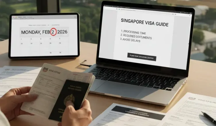Checking Singapore visa processing time on laptop