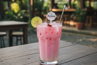 Pink Bandung drink with ice and a lime slice