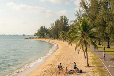 Palm trees & sandy beach at East Coast Park